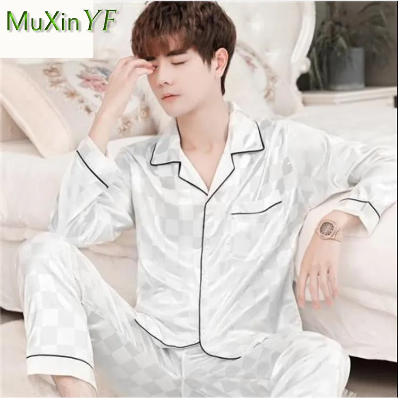 Ice Silk Pajamas Men's Spring Fall Thin Section Plaid Long-sleeved Trousers Pijamas Two-piece Korean Casual Male Sleepwear Suit