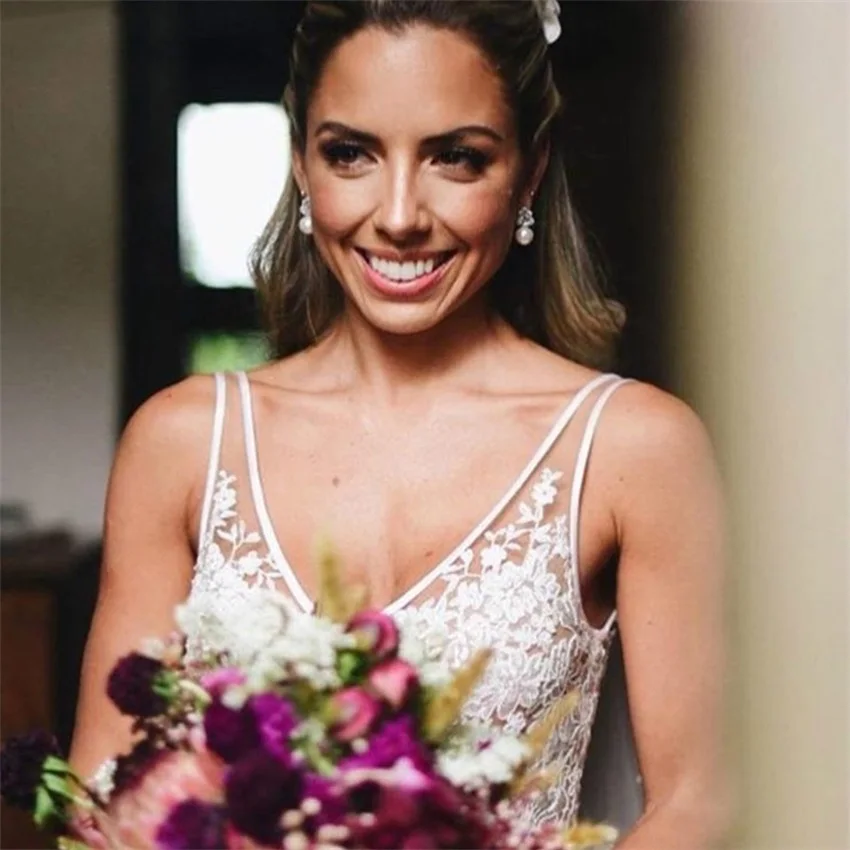 Пляжные свадебные платья lllusion с V образным вырезом для сельского сада на свадьбу