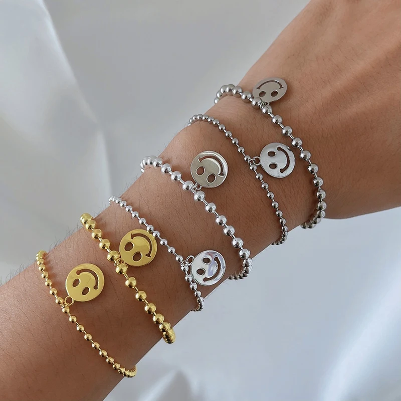 

Dylam 925 Sterling Silver 18k Gold Smiley Face Charms Bracelet For Women Smiley Face Beads Chain Bracelet Jewelry Gifts