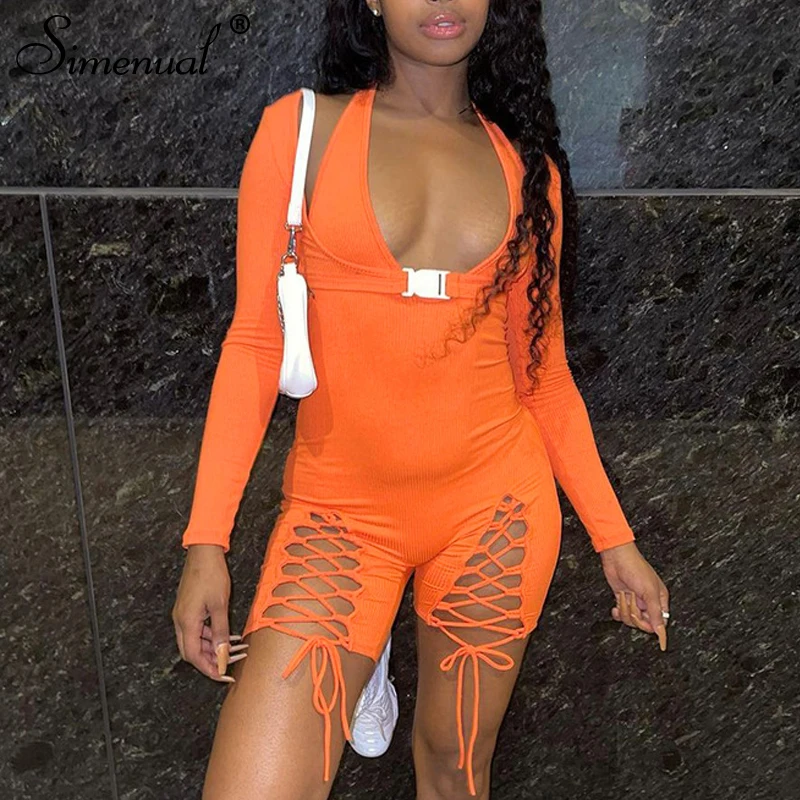 

Simenual Lace Up Buckle Ribbed Sporty Biker Shorts Rompers Long Sleeve V Neck Orange Halter Baddie Streetwear Bodycon Playsuits