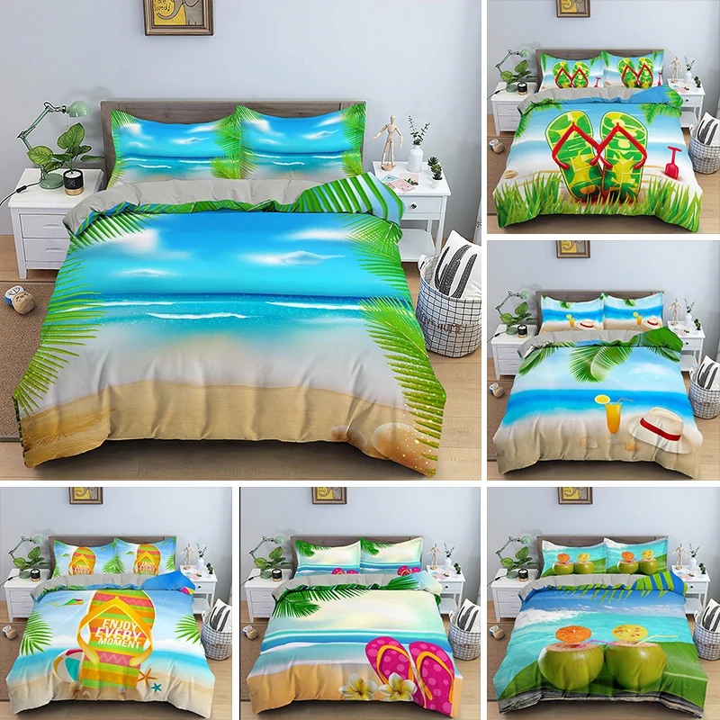 

Sandals Shoes Bedding Sets Duvet Cover Juice Bedclothes Summer Beach Landscape Pattern Twin/Queen/King Size Bedding