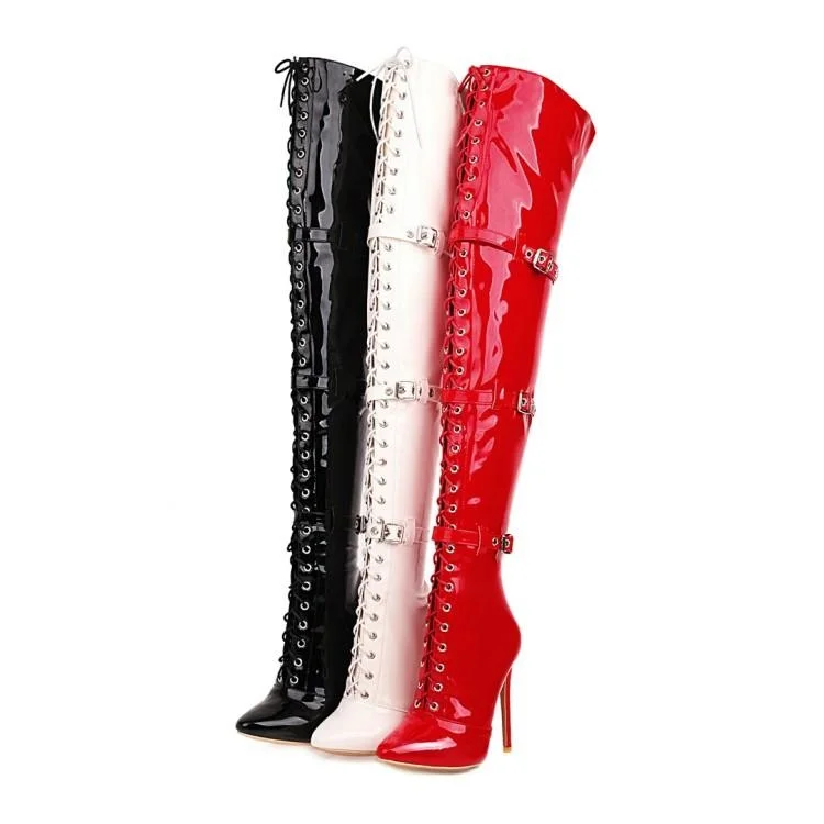 Women Pole Dance Shoes Woman Dancing Boots 2020 New Buckle Pointed High Heel Thin Boots Fashion Knee Women's Patent Leather Boot