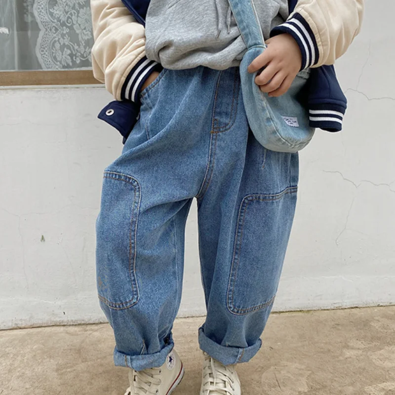 

WLG Kids Loose Jeans Boys Girls Denim Blue Patchwork Harem Jean Baby Casual All Match Trousers