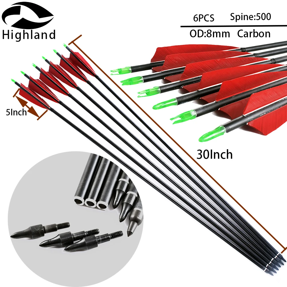 

6PCS 30 Inch 5Inch Turkey Feather Spine 500 Archery Carbon Arrows for Recurve Bow Compound Bow Shooting