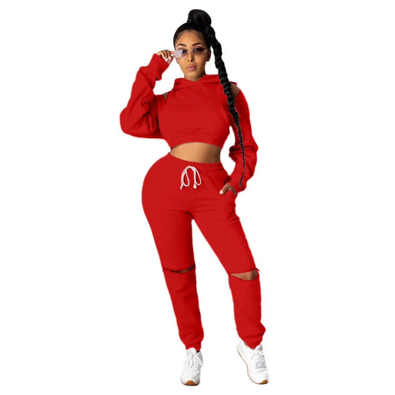 

Sweat Suits Women Matching Sets 2 Piece Outfits for Jogger Tracksuit Sexy Dew Shoulder Hoodies Hole Pants Wholesale Dropshipping
