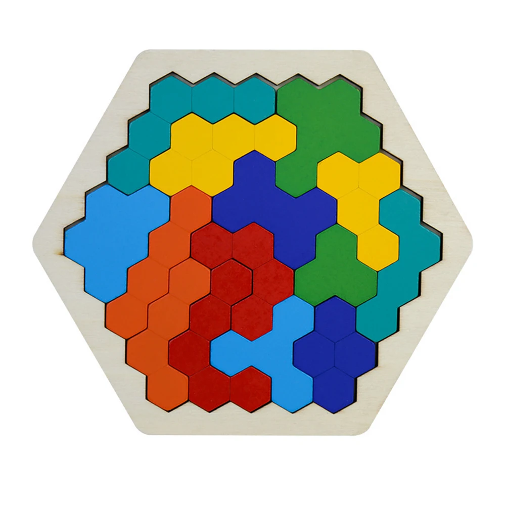 

Brain Teaser Geometry Kids Adults Wooden Hexagon Jigsaw Toy Colorful Tangram Shape Montessori Education Logic Learning IQ Game