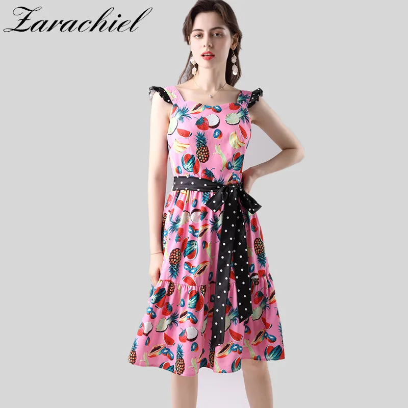 Платье женское летнее хлопковое с поясом в горошек милая майка принтом ананасов