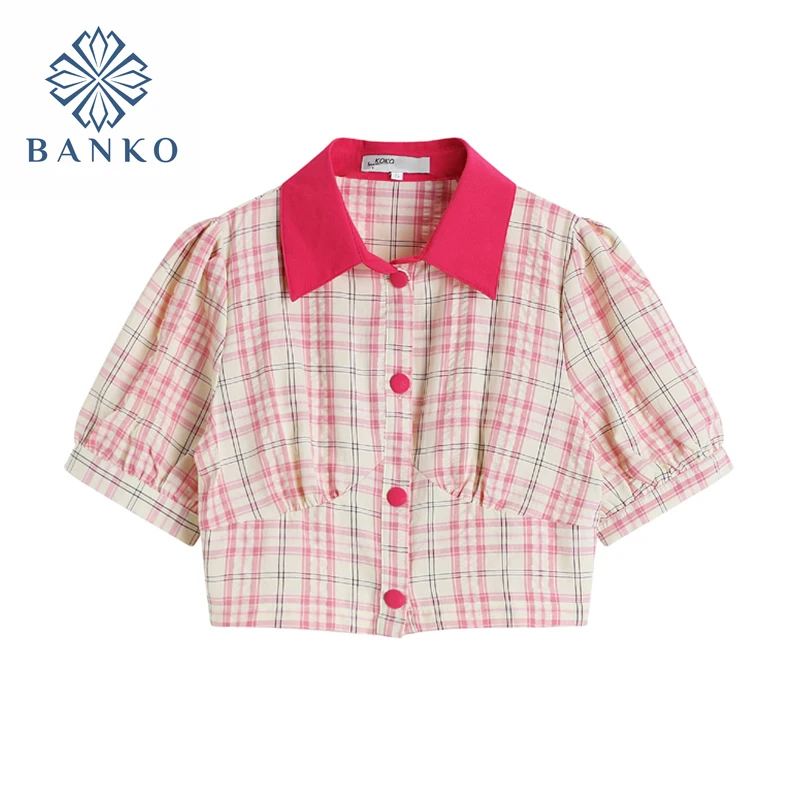 

Женская клетчатая рубашка в Корейском стиле, укороченная розовая рубашка в клетку в стиле ретро, с лацканами и пышными рукавами, укороченна...