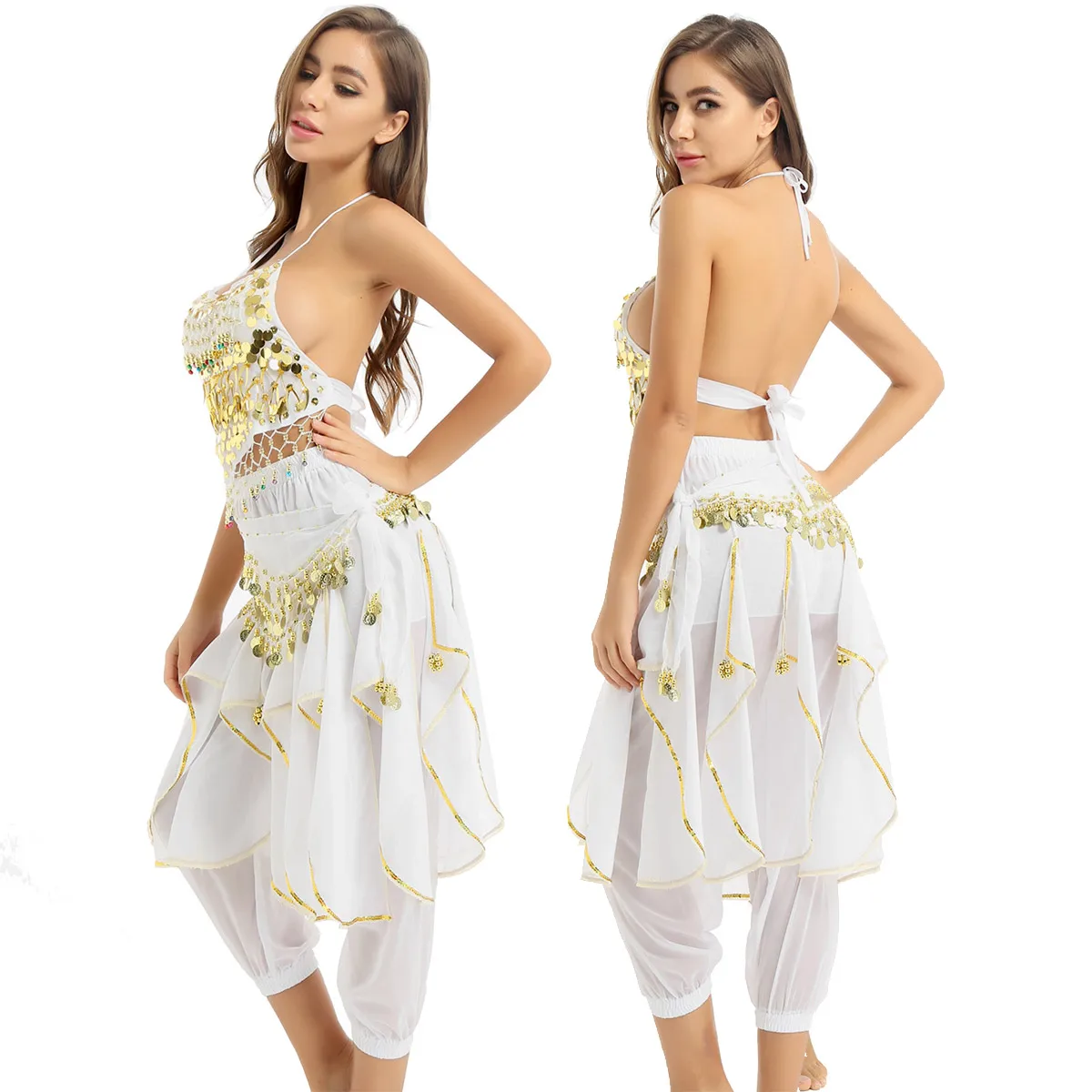 Women India Belly Dance Costume Outfit Indian Performance Clothes Halter Neck Top With Harem Pants And Hip Scarf Dancewear | Тематическая