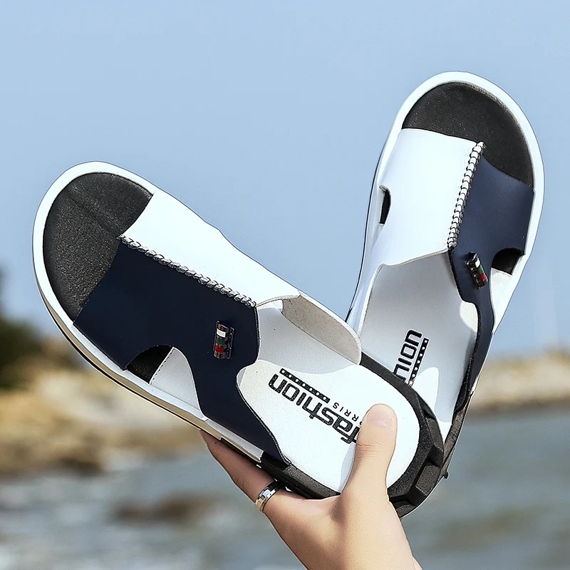 

2019 Men Summer Slippers Hot Sanda2021 Men Summer Slippers Hot Sandals Fashion Peep Toe PU Flip Flops Shoes Male Outdoor Non-sli
