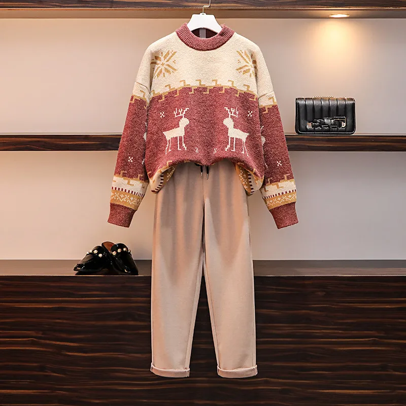 Женский модельный комплект из Свитера и брюк осенне зимний Свободный пуловер