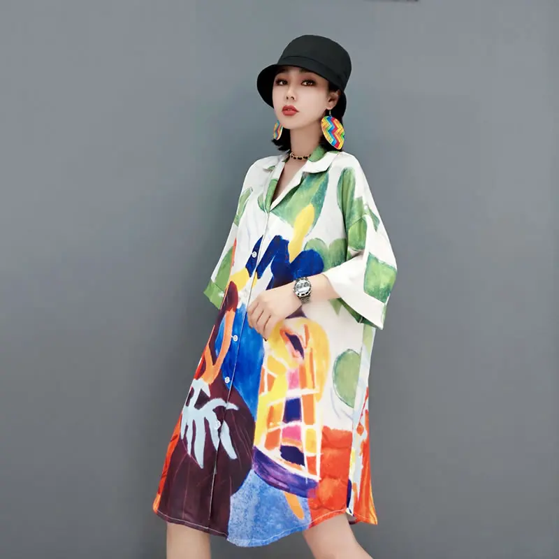 

XITAO Contrast Color Print Shirt Dress Casual Turn-down Collar Loose Women 2021 Summer New Fashion Street Trendy WMD1247