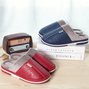 2021 Women Home Indoor Slippers PU Leather Water Proof Shoes House Outdoor Fur Male Memory Foam Massage Adult Cotton Slippers