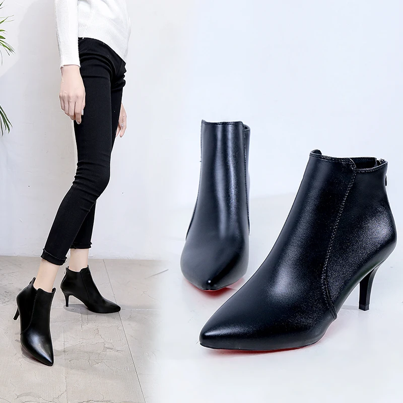 

Cresfimix Women Fashion Black Pointed Toe Pu Leather High Heel Boots Lady Classic Autumn Boots Winter Shoes Damskie Buty B7063