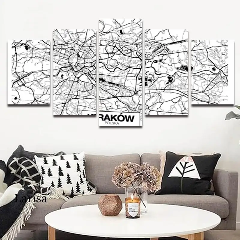 

World Ciity Map Canvas Prints Black and White Multiple Wall Decor Picture Home Room Wall Art Decor Painting 5 Panel
