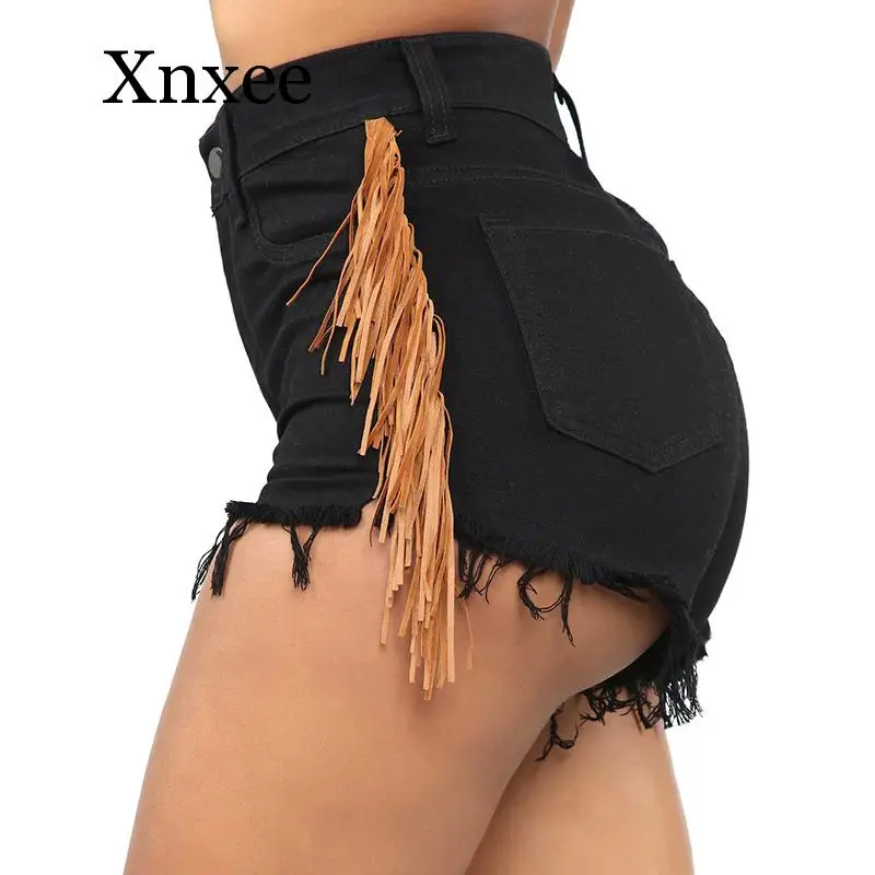 

Женские джинсовые шорты, пляжные шорты с кисточками сбоку, эластичные, с высокой талией, летние, уличные, повседневные, черные, белые