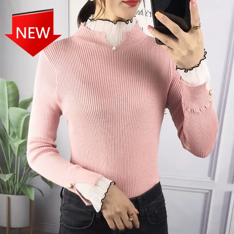 

Модный осенний вязаный джемпер в стиле пэчворк, Облегающая водолазка с длинным рукавом, Женский Базовый Топ 2021, пуловер, женский свитер с кр...