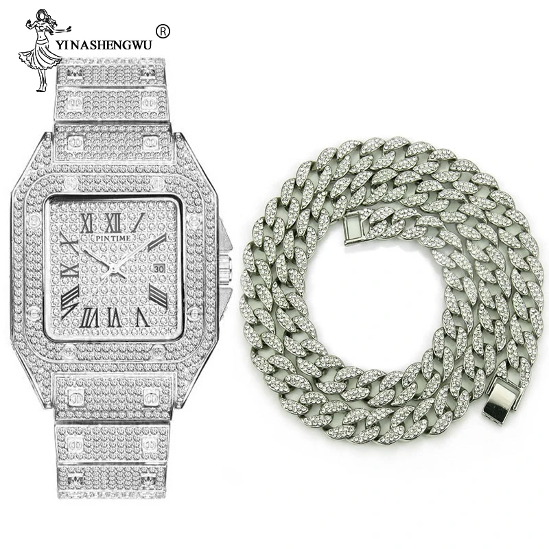 

Hip Hop Iced Out Men Necklace & Watch Square Rhinestones Quartz Luxury Mens Wrist Watches Gold Roman Calendar Clock Jewelry 2019