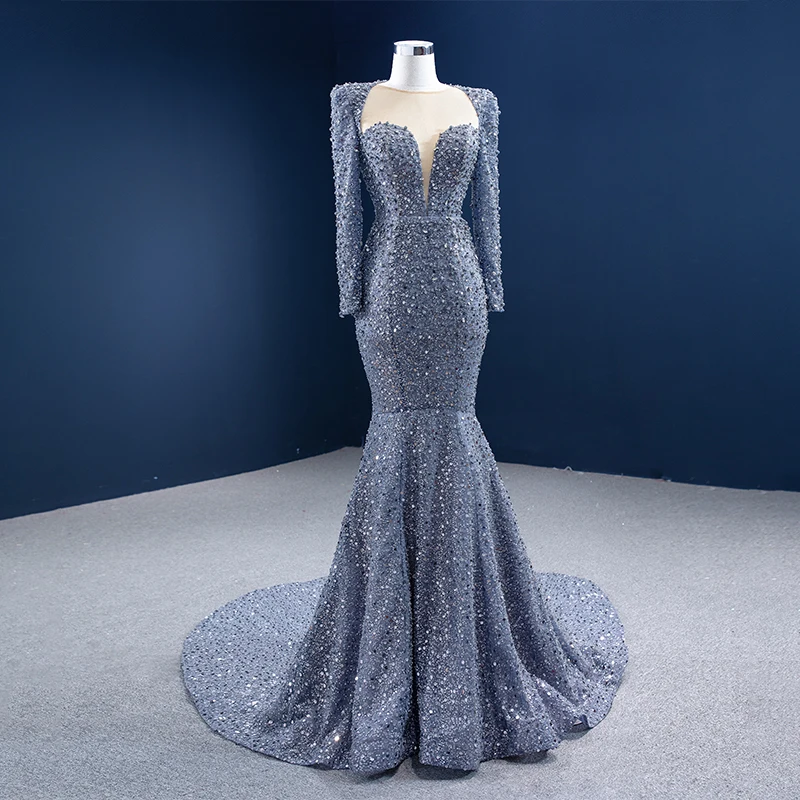 RSM67272 Sexy Close-fitting Fishtail Evening Dress Transparent Lace V-neck Pearl Decoration Metal Sequins Activity Banquet Dress