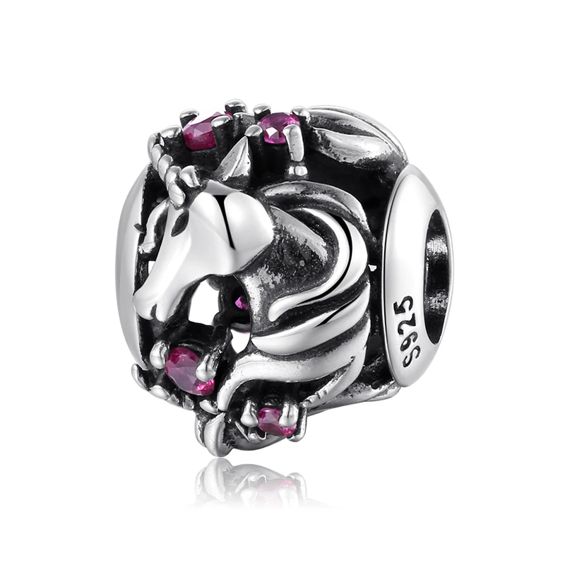 

2019 Genuine 925 Sterling Silver Round Unicorn Pink CZ Beads Charms fit europeu Women Bracelets Bangles DIY Jewelry Making