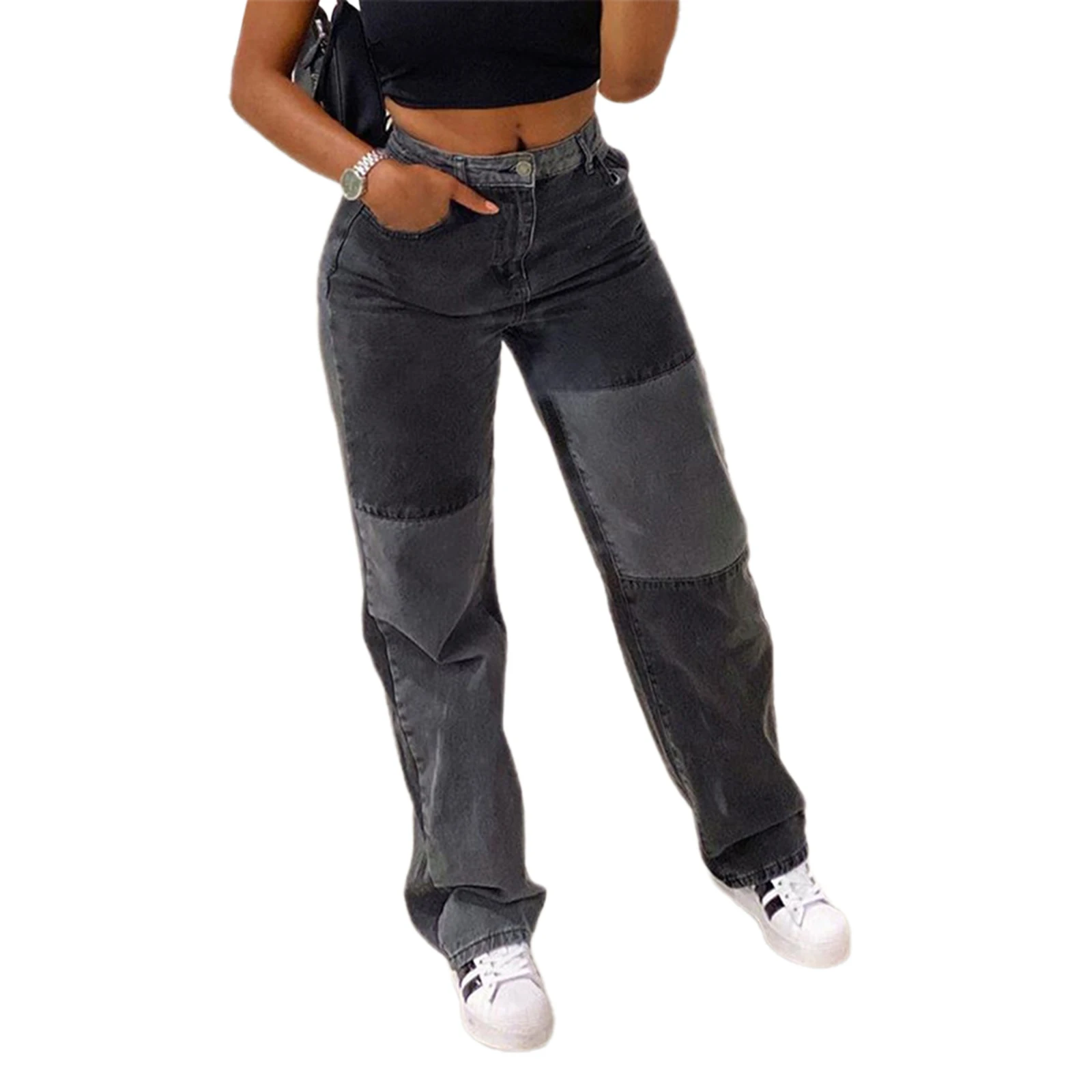 

Fashion Patchwork Skinny Straight Jeans Women 2021 High Waist Pocket Sexy Color Block High Street Long Grey Denim Pants