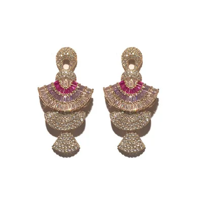 

Fan Earrings Women's S925 Silver Needle Round Face Slim Earrings Micro-Inlaid Zircon Three-Dimensional Gradient Purple-Pink Skir