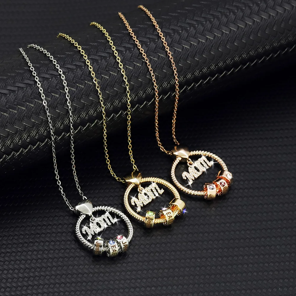 

Mother's Day Gift Personalized Circle Pendant with Custom Beads Birthstone Pendant Necklace Engraved Family Names DIY Jewelry
