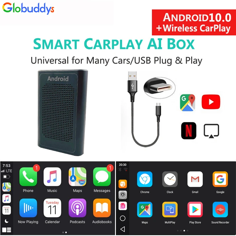 

Android 10 OS для Apple CarPlay AI Box,4 Гб + 64 ГБ, универсальный беспроводной автомобильный мультимедийный плеер Android, Mirror Link, автомобильная ТВ-приставка