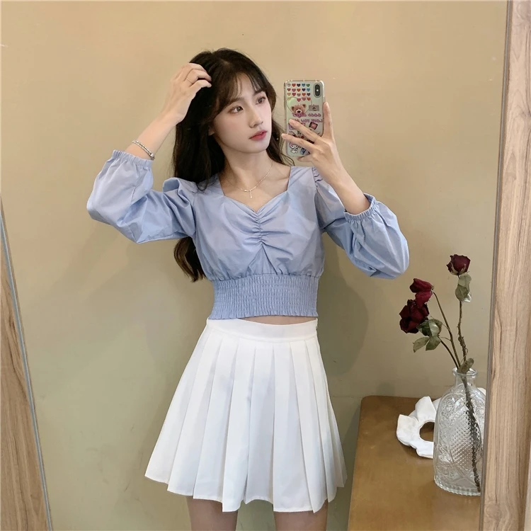 

Waist-Tight Bubble Long Sleeve V-neck Shirt Women's Design Sense Niche Crop-Top Short Top with High-Waisted Trousers Small