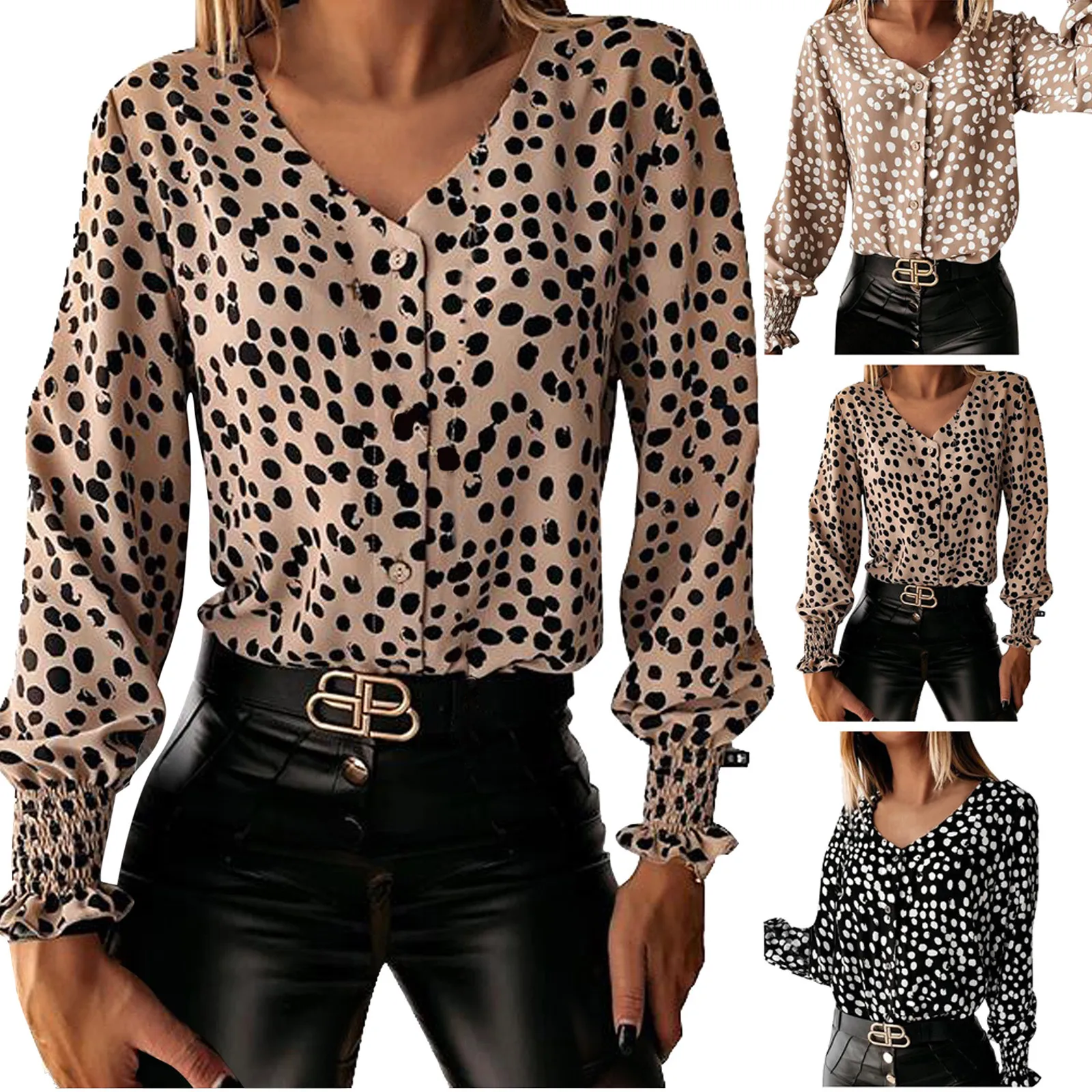 

Women Summer Casual Shirts Spots Printed Long Sleeve V-neck Shirt Plus Size Flared Cuffs Shirt High Quality *4Q