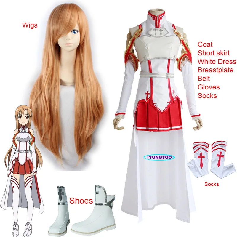 

Anime Sword Art Online Asuna Yuuki Cosplay Costumes Uniform for Halloween SAO Asuna Battle Suit Outfits with Wig and Shoes