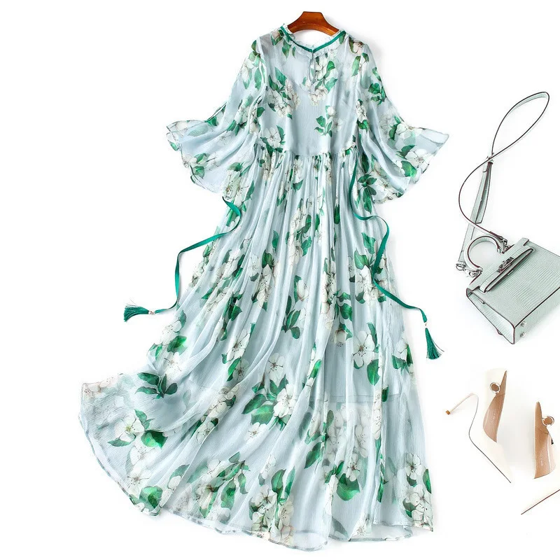 Only the 】 silk dress in summer of 2020 with A word falbala printed 81015 | Женская одежда