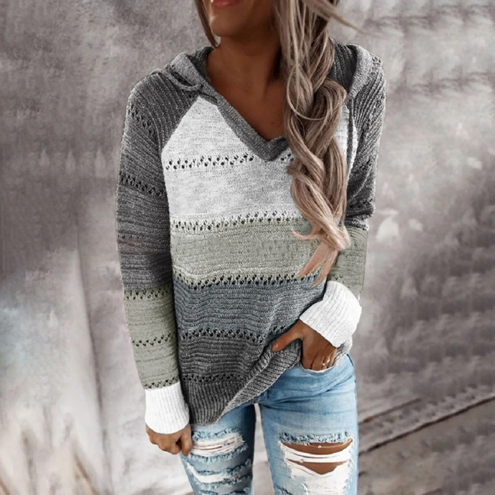 Fashion Women Casual Hoodie Patchwork V-neck Long Sleeves Hooded Sweatshirt Tops Streetwear Women Oversized Hoodies Sudaderas