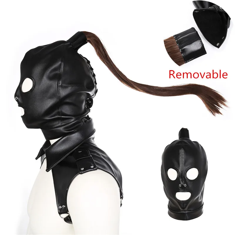 

BDSM Gay Toys Sissy Crossdress Mask Hood Fetish Slave Leather Bondage Headgear Hood with Hair Sex Tools for Men Gay Sex Shop