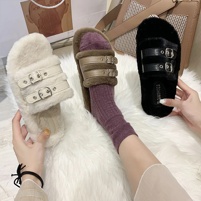 

Women Plush Home Slippers 2020 Brand Fashion Faux Fur Warm Flat Shoes Slip on Buckle Charm Open Toes Winter Furry Ladies Slides