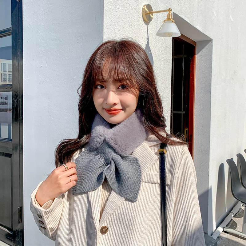 

Корейский плюшевый вязаный шарф с бантом, Женские однотонные перекрестные шарфы из искусственного меха, новые мягкие теплые зимние плотные...