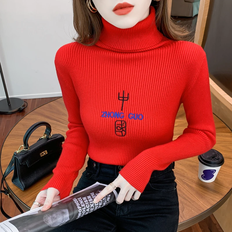 

Christmas Knitted New Red Turtleneck Embroidery Letters Chinese Wind Unlined Upper Garment Sweater Female Long Sleeve Blouse