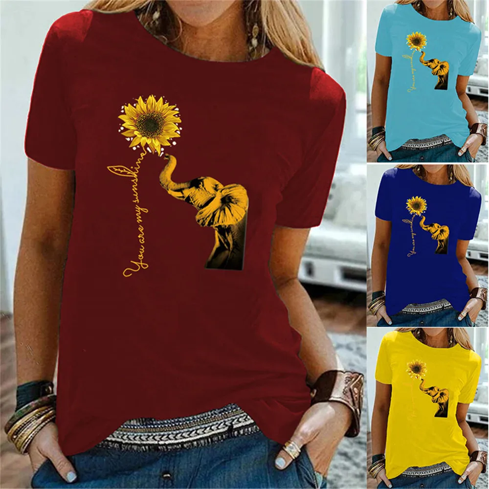 

Women Funny T Shirt Fashion Tshirt You Are My Sunshine Baby Elephant And Sunflower Version Women T-shirt