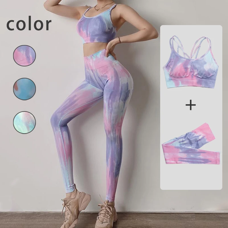 

2PCS Seamless Women Tie dyeing Yoga Set Workout Sportswear Gym Fitness Clothing Sports Bra High Waist Leggings Sports Suits