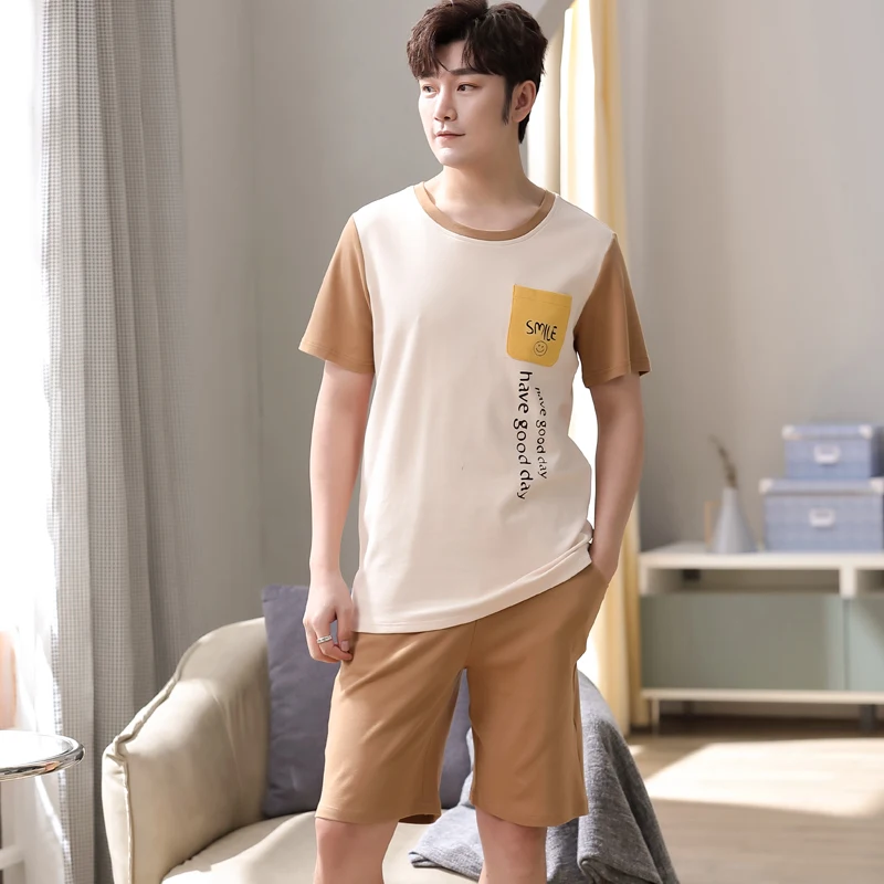 NANJIREN New Summer Men Pajamas Set Home Casual Homewear Short Pajama Suit Short Sleeves O-NECK Shirt Shorts Pajamas Set for Men