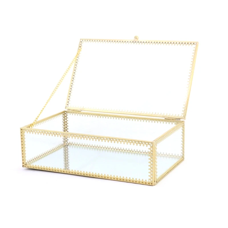 

Glass jewelry Storage box Golden Vintage Geometric Display Organizer Keepsake Case rectangular Clear transparent