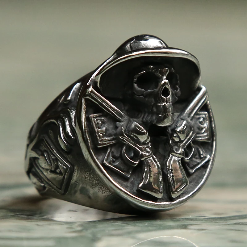 Vintage Huge Heavy Cool Skull Ring 316L Stainless Steel Double Guns Big Male Gothic Punk Biker Jewelry Size 8-14 | Украшения и
