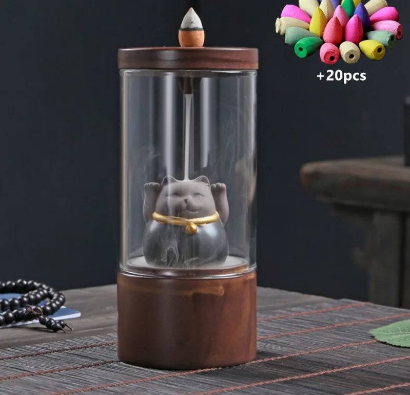 with 20pcs mixed-A Старинный Кот удача оплавленный дзен горелка благовоний с крышкой из стекла парфюмированные благовония печь ароматизация украшение дома - Цвет: with 20pcs mixed-A