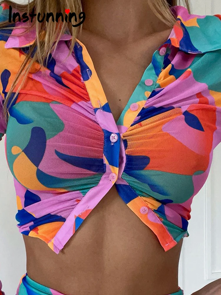 

Женская рубашка Instunning Y2K с принтом, пикантная Повседневная Базовая элегантная винтажная уличная Клубная блузка с отложным воротником, на пу...