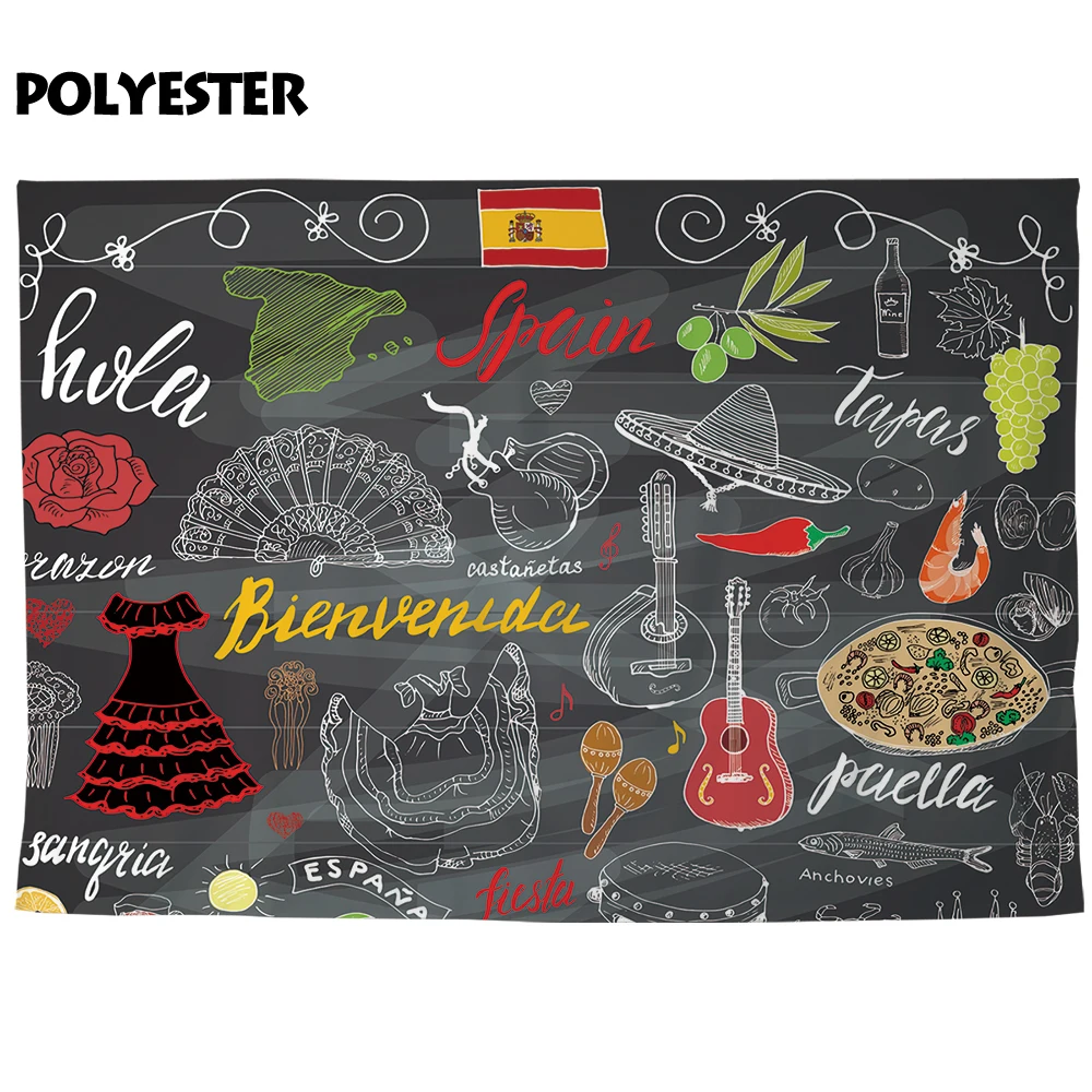 Allenjoy Spain Fiesta Backdrop, Bienvenida Party Banners with Food, Dress, Beer, Guitar, Fruit, Leaves, Flowers, Day of the Dead Wall Decor image 2
