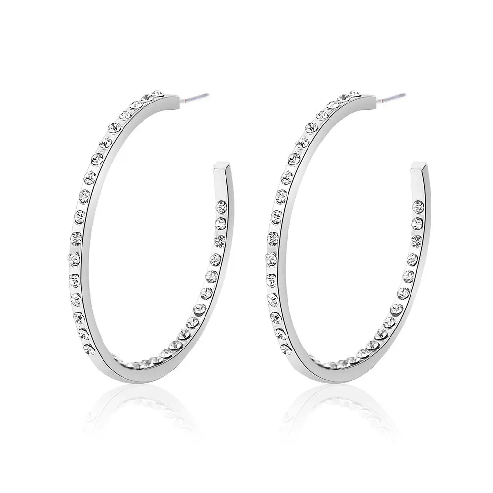 

Hot 20-60mm Large Circle Crystal Hoop Earrings for Women Silver Color Fashion Round Shiny CZ Big Earring Jewelry Party Gift