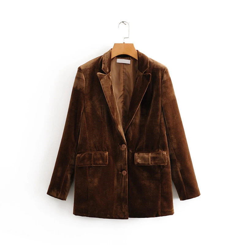 Женский бархатный костюм двойка Осенний однобортный пиджак и расклешенные брюки