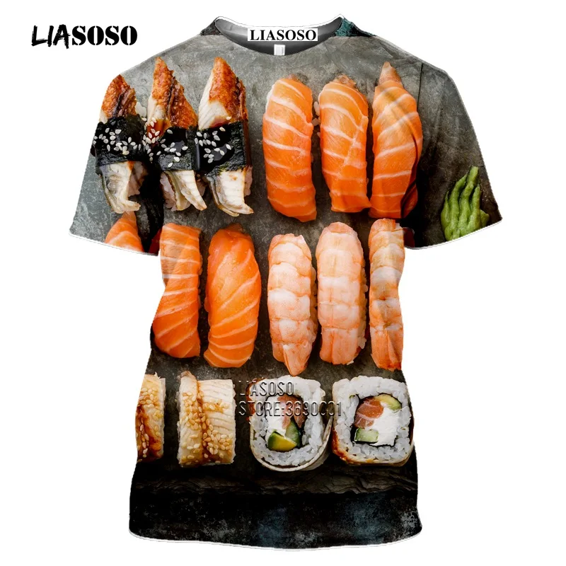 

LIASOSO 3D Print Japanese Foods Sushi T-shirt Novelty Graphics Harajuku Tee Woman Men's Pullover Short Sleeve Tshirt Clothing