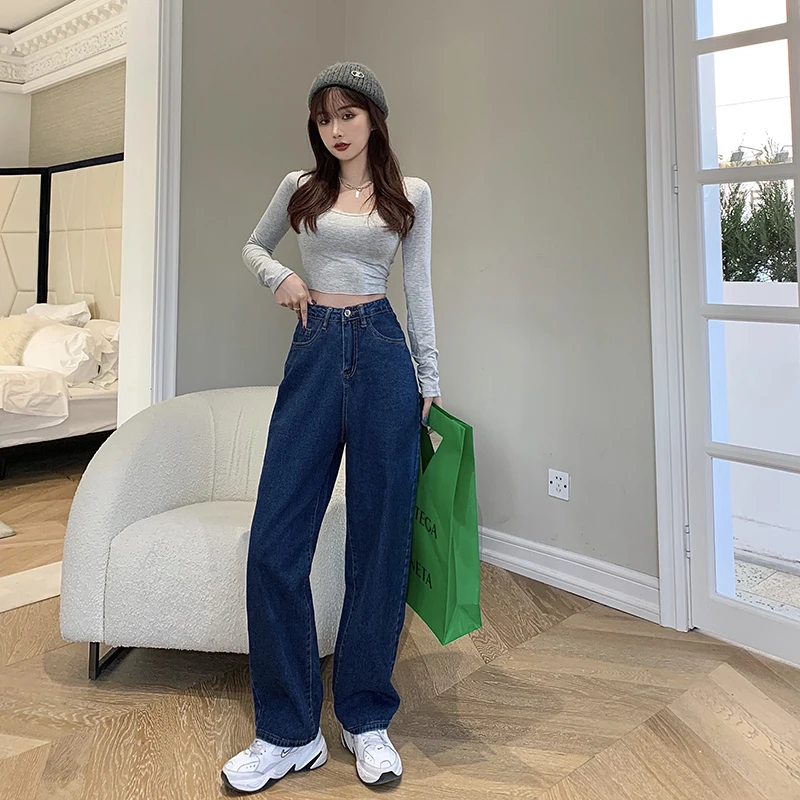 

women high waist jeans loose wide-legged pants 9675#