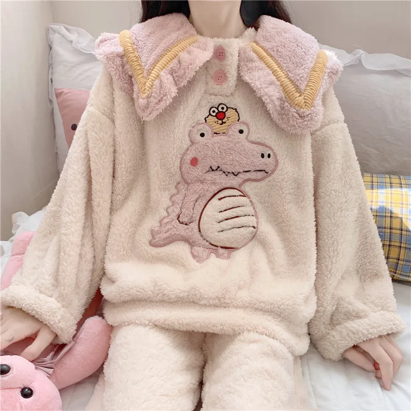 High Waist Trousers Little Dinosaur Col Claudine Top Thickened Fleece Pajamas Suit Can Go out Pajamas Women's Autumn and Winter